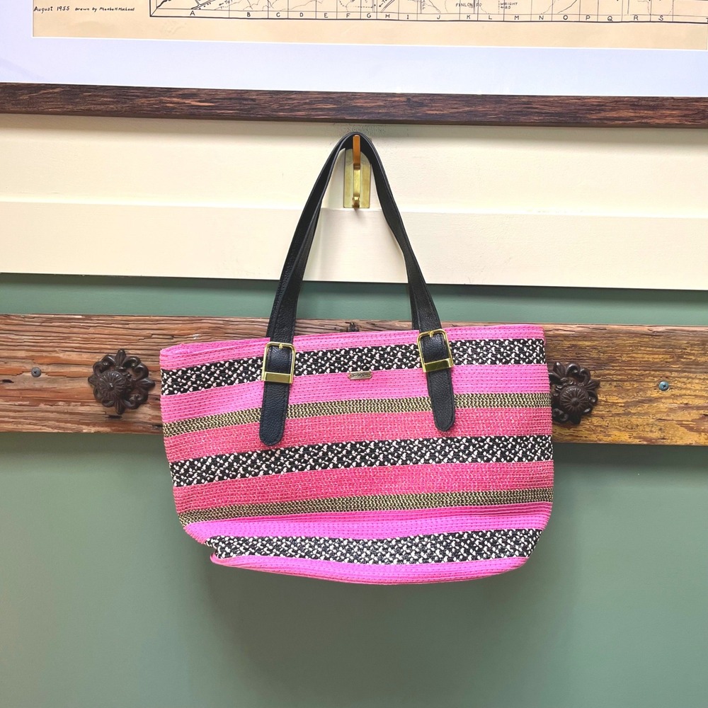 Sun N Sand Pink Striped Woven Straw Tote Bag Adjustable Straps Gold Accents